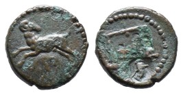 (Bronze, 3.59g 16mm)PHARAONIC EGYPT. Nektanebo II (ca. 360-ca. 343 BC). Ram springing left, head reverted, dotted border / Scales, countermark with he...