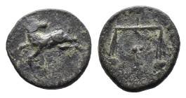 (Bronze, 2.15g 15mm)PHARAONIC EGYPT. Nektanebo II (ca. 360-ca. 343 BC). Ram springing left, head reverted, dotted border / Scales, countermark with he...