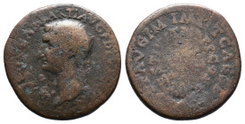 (Bronze, 10.69g 28mm) Tiberius. AD 14-37. Æ As. Rome mint. Struck under Titus, AD 80-81. TI CAESAR DIVI AVG F AVGVST IMP III (bare head left / Legend ...