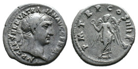 (Silver, 3.46g 19mm) Roman Empire Denarius 100 AD Trajan Victory
Obv: Obv: IMPCAESNERVATRAIANAVGGERM - Laureate head right.
Rev: PMTRPCOSIIIIPP - Vi...
