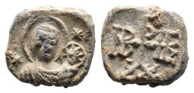 (Seal, 4.05g 14mm)Seals
Petros (or Eutropios), circa 550-650. . Half-length bust of the Mother of God, nimbate, holding Christ, wearing nimbus crucige...