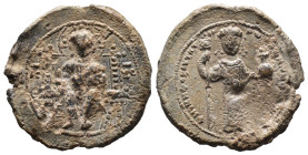 (Seal, 19.17g 33mm)Seals
Nicephorus Melissenus, usurper 1080-1081. IC - XC Christ seated facing on an ornate and high-backed throne, wearing cross-nim...