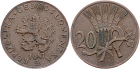 Czechoslovakia, 20 Haler 1947 Czechoslovakia, 20 Haler 1947, KM# 20|toned, rare!; VF+

Grade: VF+