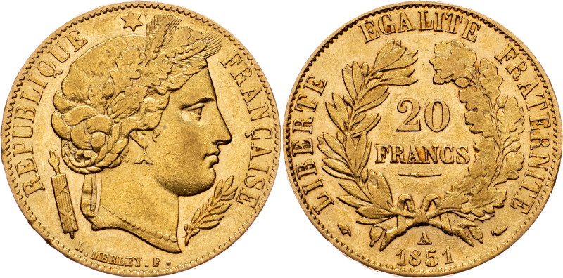 France, 20 Francs 1851, A France, 20 Francs 1851, A, KM# 762; VF+/aEF

Grade: ...