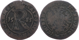 Rudolph II., Raitpfennig 1585, Joachimsthal Rudolph II., Raitpfennig 1585, Joachimsthal, Mrštík 77c|Flan defect; F

Grade: F