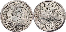 Archduke Ferdinand Charles, 3 Kreuzer 1643, Hall Archduke Ferdinand Charles, 3 Kreuzer 1643, Hall, Moser & Tursky 517|mint luster; aUNC

Grade: aUNC