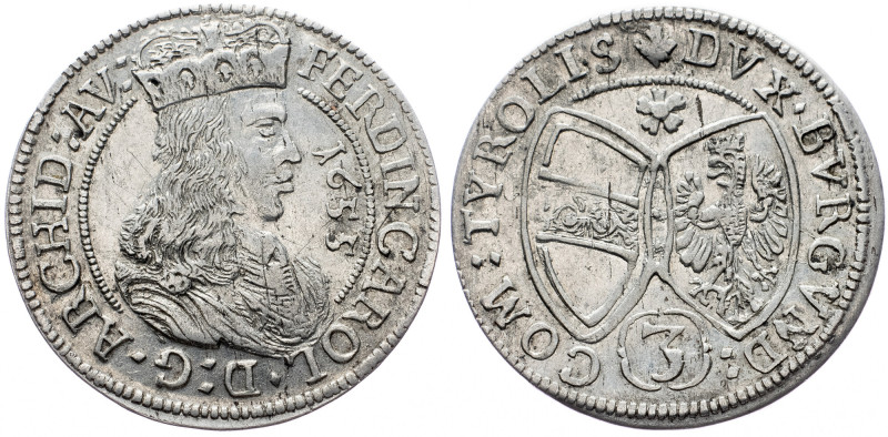 Archduke Ferdinand, 3 Kreuzer 1655, Hall Archduke Ferdinand, 3 Kreuzer 1655, Hal...