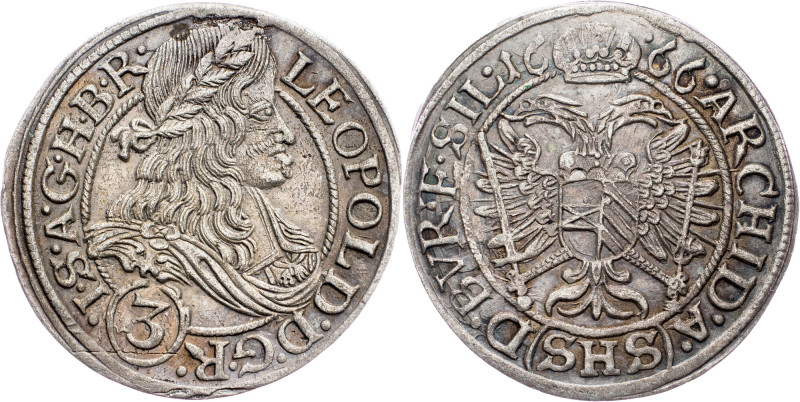 Leopold I., 3 Kreuzer 1666, SHS, Breslau Leopold I., 3 Kreuzer 1666, SHS, Bresla...