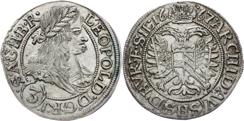 Leopold I., 3 Kreuzer 1667, SHS, Breslau Leopold I., 3 Kreuzer 1667, SHS, Bresla...