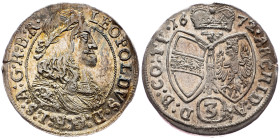 Leopold I., 3 Kreuzer 1672, Hall Leopold I., 3 Kreuzer 1672, Hall, 1,463 g, Ag, Her.: 1416|Extraordinary piece with nice mint luster in the surface, b...