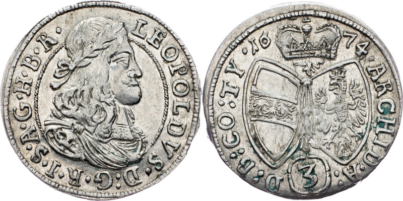 Leopold I., 3 Kreuzer 1674, Hall Leopold I., 3 Kreuzer 1674, Hall, Her. 1418; EF...