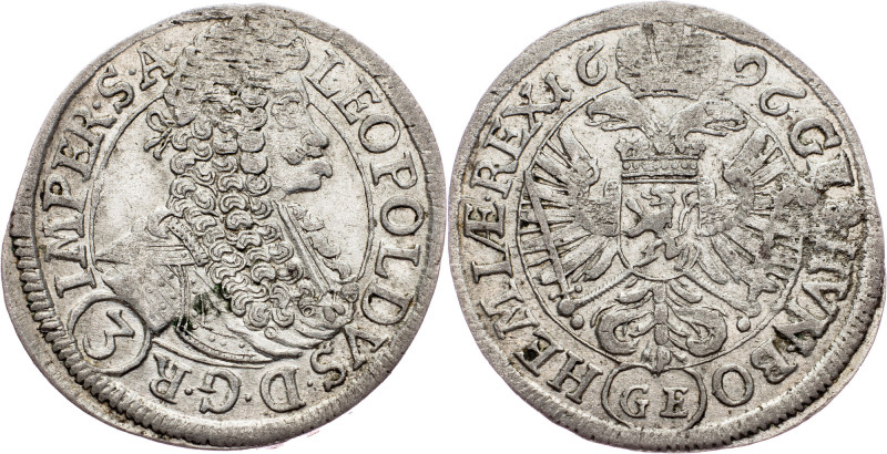 Leopold I., 3 Kreuzer 1696, GE, Prague Leopold I., 3 Kreuzer 1696, GE, Prague, M...