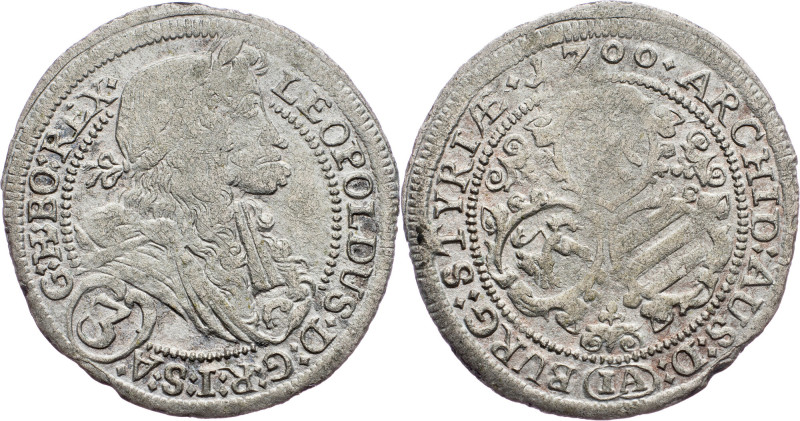 Leopold I., 3 Kreuzer 1700, Graz Leopold I., 3 Kreuzer 1700, Graz; aVF

Grade:...