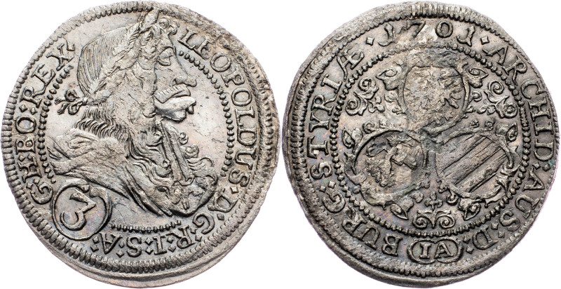 Leopold I., 3 Kreuzer 1701, Graz Leopold I., 3 Kreuzer 1701, Graz; aEF

Grade:...