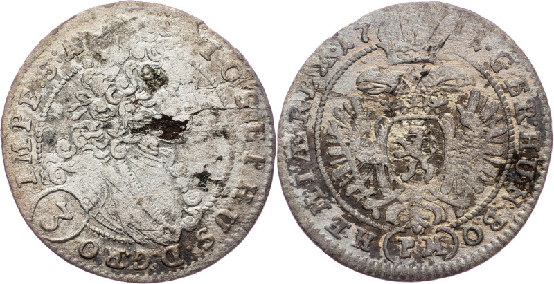 Joseph I., 3 Kreuzer 1711, Prague Joseph I., 3 Kreuzer 1711, Prague, Mkč. 1723|P...