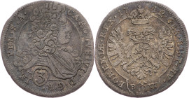 Charles VI., 3 Kreuzer 1712, BW, Kuttenberg Charles VI., 3 Kreuzer 1712, BW, Kuttenberg, Mkč. 1731|toned; VF

Grade: VF