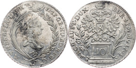 Maria Theresia, 10 Kreuzer 1765, Prague Maria Theresia, 10 Kreuzer 1765, Prague|remains of mint luster, toned; EF+

Grade: EF+