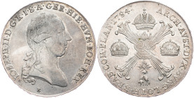 Joseph II., 1 Thaler 1784, B, Kremnitz Joseph II., 1 Thaler 1784, B, Kremnitz, Her. 178|remains of mint luster, adjust, min. toned; EF

Grade: EF