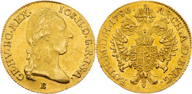 Joseph II., 1 Dukat 1786, B, Kremnitz Joseph II., 1 Dukat 1786, B, Kremnitz, Her. 33|min. toned, remains of mint luster; EF

Grade: EF