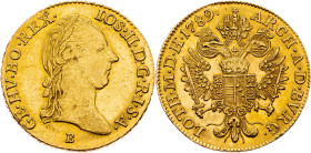 Joseph II., 1 Dukat 1789, B, Kremnitz Joseph II., 1 Dukat 1789, B, Kremnitz, Her. 36|min. toned, remains of mint luster; EF

Grade: EF