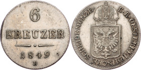 Franz Joseph I., 6 Kreuzer 1849, B, Kremnitz Franz Joseph I., 6 Kreuzer 1849, B, Kremnitz, Fruh. 1607|silver test on the edge, rare!; VF

Grade: VF