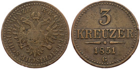 Franz Joseph I., 3 Kreuzer 1851, Nagybanya Franz Joseph I., 3 Kreuzer 1851, Nagybanya, KM# 2193|Rim nick, rare; VF

Grade: VF