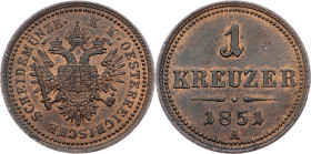 Franz Joseph I., 1 Kreuzer 1851, Vienna Franz Joseph I., 1 Kreuzer 1851, Vienna, Fruh. 1639|Mint luster; UNC/aUNC

Grade: UNC/aUNC