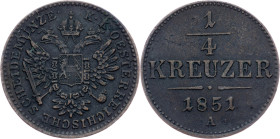 Franz Joseph I., 1/4 Kreuzer 1851, A, Vienna Franz Joseph I., 1/4 Kreuzer 1851, A, Vienna, Fruh. 1675|toned; VF

Grade: VF