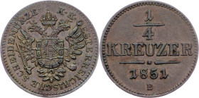 Franz Joseph I., 1/4 Kreuzer 1851, B, Kremnitz Franz Joseph I., 1/4 Kreuzer 1851, B, Kremnitz, Fruh. 1676|toned; EF+

Grade: EF+