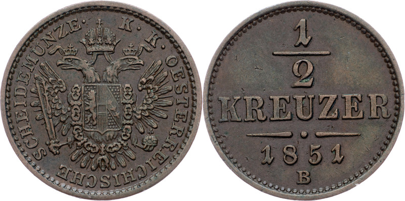 Franz Joseph I., 1/2 Kreuzer 1851, B, Kremnitz Franz Joseph I., 1/2 Kreuzer 1851...