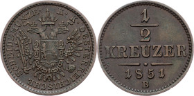 Franz Joseph I., 1/2 Kreuzer 1851, B, Kremnitz Franz Joseph I., 1/2 Kreuzer 1851, B, Kremnitz, Fruh. 1671|toned; EF

Grade: EF