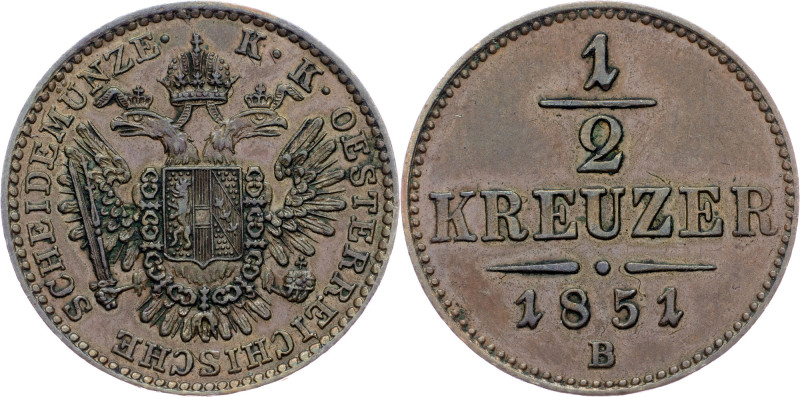 Franz Joseph I., 1/2 Kreuzer 1851, B, Kremnitz Franz Joseph I., 1/2 Kreuzer 1851...