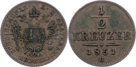 Franz Joseph I., 1/2 Kreuzer 1851, B, Kremnitz Franz Joseph I., 1/2 Kreuzer 1851, B, Kremnitz, Fruh. 1671|toned; VF

Grade: VF