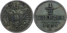 Franz Joseph I., 1/2 Kreuzer 1851, B, Kremnitz Franz Joseph I., 1/2 Kreuzer 1851, B, Kremnitz, Fruh. 1671|toned; aVF

Grade: aVF