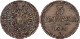 Franz Joseph I., 3 Kreuzer 1851, B, Kremnitz Franz Joseph I., 3 Kreuzer 1851, B, Kremnitz, Fruh. 1628|toned; VF+

Grade: VF+