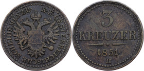 Franz Joseph I., 3 Kreuzer 1851, B, Kremnitz Franz Joseph I., 3 Kreuzer 1851, B, Kremnitz, Fruh. 1628|toned; aVF

Grade: aVF