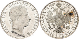 Franz Joseph I., 1 Gulden 1857, A, Vienna Franz Joseph I., 1 Gulden 1857, A, Vienna, Fruh. 1442|mint luster, small hairlines, rare in this grade; aUNC...