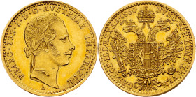 Franz Joseph I., 1 Dukat 1860, A, Vienna Franz Joseph I., 1 Dukat 1860, A, Vienna, Fruh. 1195|remains of mint luster; aUNC

Grade: aUNC
