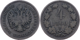 Franz Joseph I., 4 Kreuzer 1860, B, Kremnitz Franz Joseph I., 4 Kreuzer 1860, B, Kremnitz, Fruh. 1621|toned; aVF

Grade: aVF