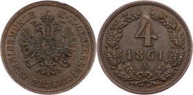 Franz Joseph I., 4 Kreuzer 1861, A, Vienna Franz Joseph I., 4 Kreuzer 1861, A, Vienna, Fruh. 1623|toned; EF

Grade: EF