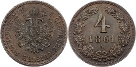 Franz Joseph I., 4 Kreuzer 1861, A, Vienna Franz Joseph I., 4 Kreuzer 1861, A, Vienna, Fruh. 1623|toned; aEF

Grade: aEF