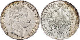 Franz Joseph I., 1 Gulden 1861, E, Karlsburg Franz Joseph I., 1 Gulden 1861, E, Karlsburg, Fruh. 1462|toned, mint luster, rare; UNC

Grade: UNC