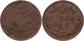Franz Joseph I., 4 Kreuzer 1861, B, Kremnitz Franz Joseph I., 4 Kreuzer 1861, B, Kremnitz, Fruh. 1624|corrosion; aVF

Grade: aVF
