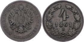 Franz Joseph I., 4 Kreuzer 1861, B, Kremnitz Franz Joseph I., 4 Kreuzer 1861, B, Kremnitz, Fruh. 1624|toned; VF

Grade: VF