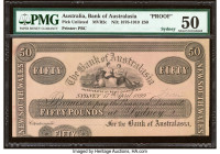Australia Bank of Australasia, Sydney 50 Pounds 17.4.1899 Pick Unlisted Face Proof PMG About Uncirculated 50. Previously mounted, printer's annotation...