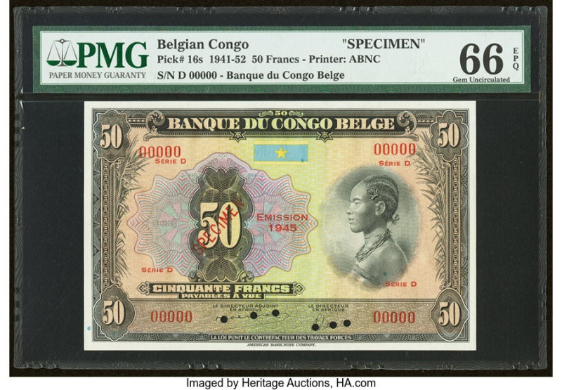 Belgian Congo Banque du Congo Belge 50 Francs 1945 Pick 16s Specimen PMG Gem Unc...