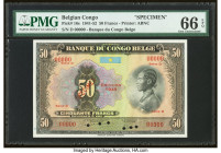 Belgian Congo Banque du Congo Belge 50 Francs 1945 Pick 16s Specimen PMG Gem Uncirculated 66 EPQ. Cancelled with 6 punch holes. 

HID09801242017

© 20...