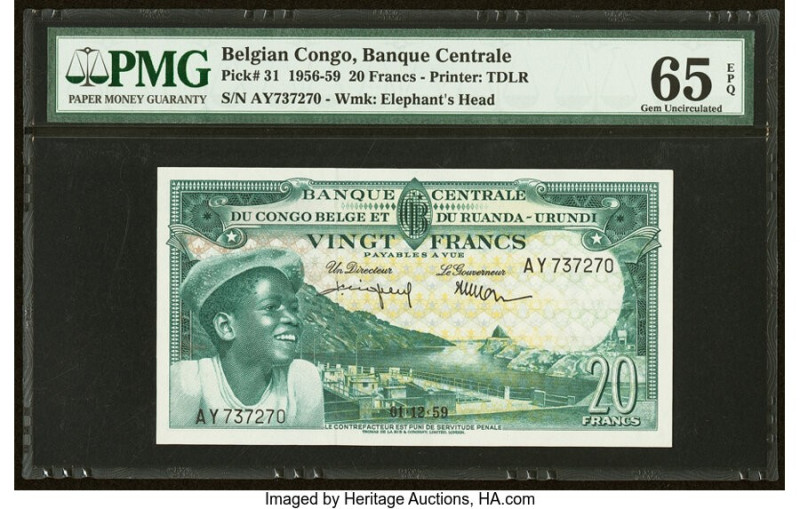 Belgian Congo Banque Centrale du Congo Belge 20 Francs 1.12.1959 Pick 31 PMG Gem...