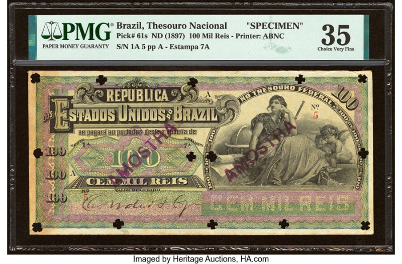 Low Serial Number 5 Brazil Thesouro Nacional 100 Mil Reis ND (1897) Pick 61s Spe...