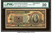 Brazil Banco do Brasil 200 Mil Reis 8.1.1923 Pick 121s Specimen PMG About Uncirculated 50. Cancelled with 5 punch holes and staining present. 

HID098...